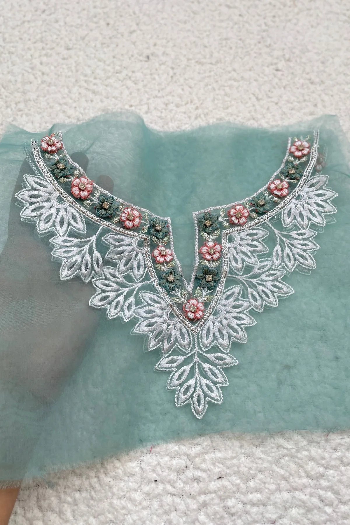 3D Handwork Floral Neckline Ice Blue