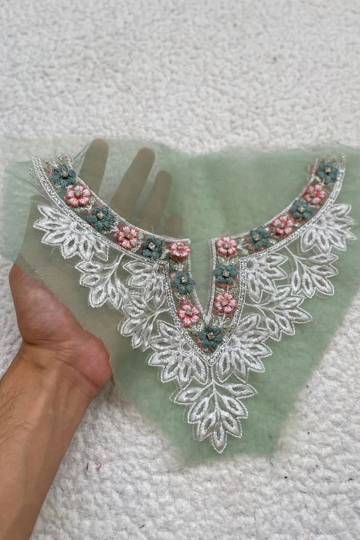 3D Handwork Floral Neckline Ice Green