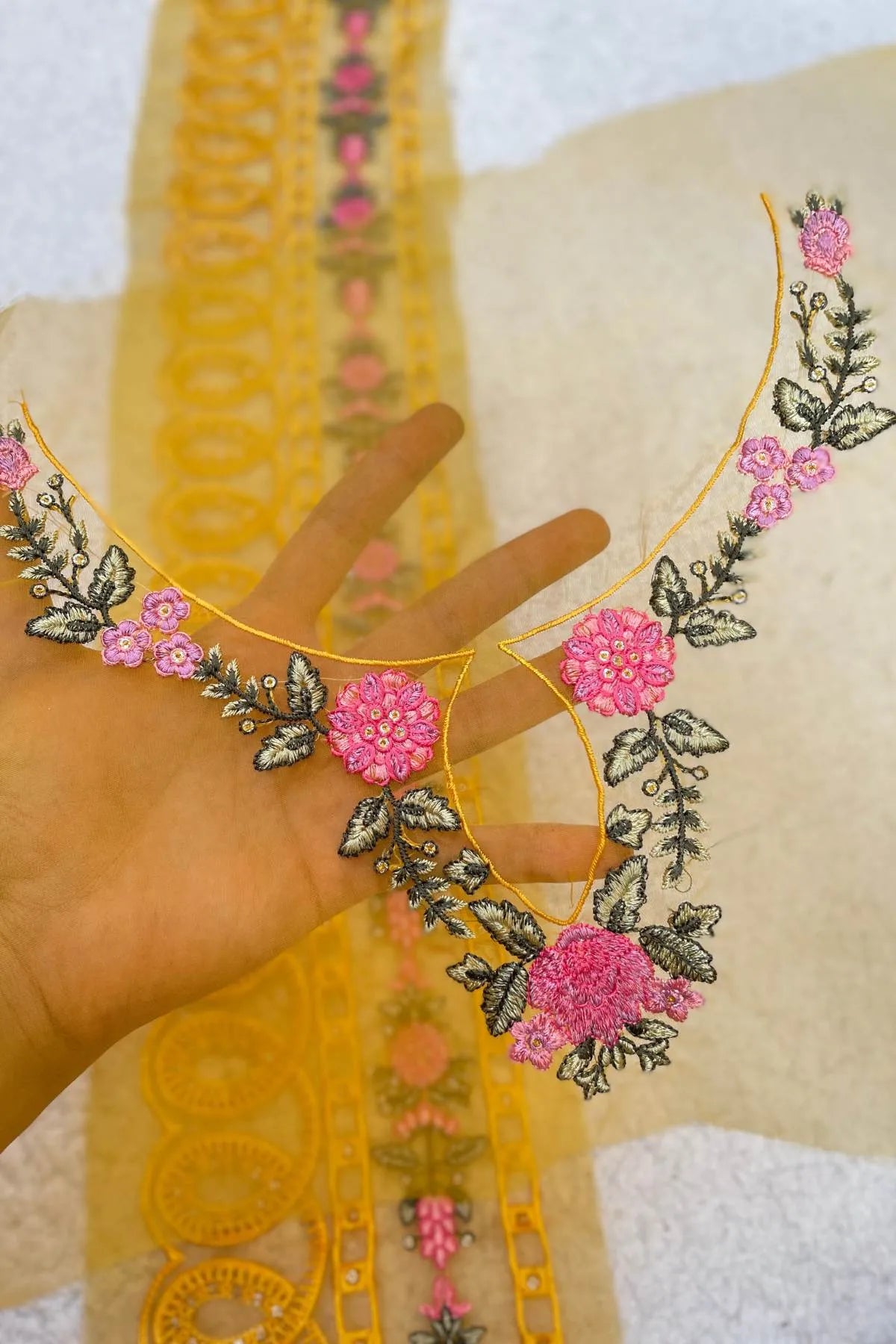 Mustard Set with Pink and Green Emb