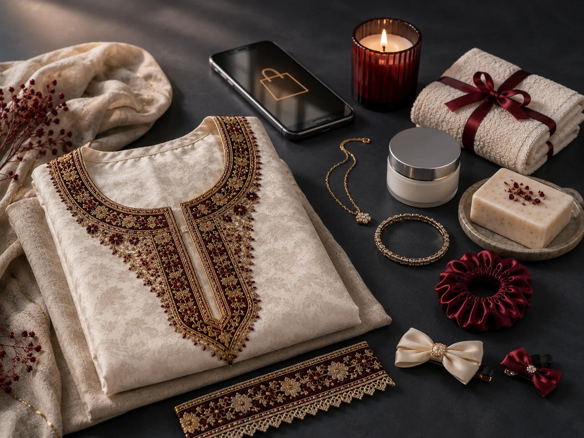 A soft‑lit lifestyle image showing a folded embroidered blouse with a premium neckline patch in the foreground, surrounded by a small curated selection of jewellery, kids’ accessories, skincare and a hint of home essentials on a dark charcoal background, with a discreet smartphone in the background to suggest a trusted, secure online shopping experience, illustrating why customers love Brands360 as a lifestyle destination in Pakistan.