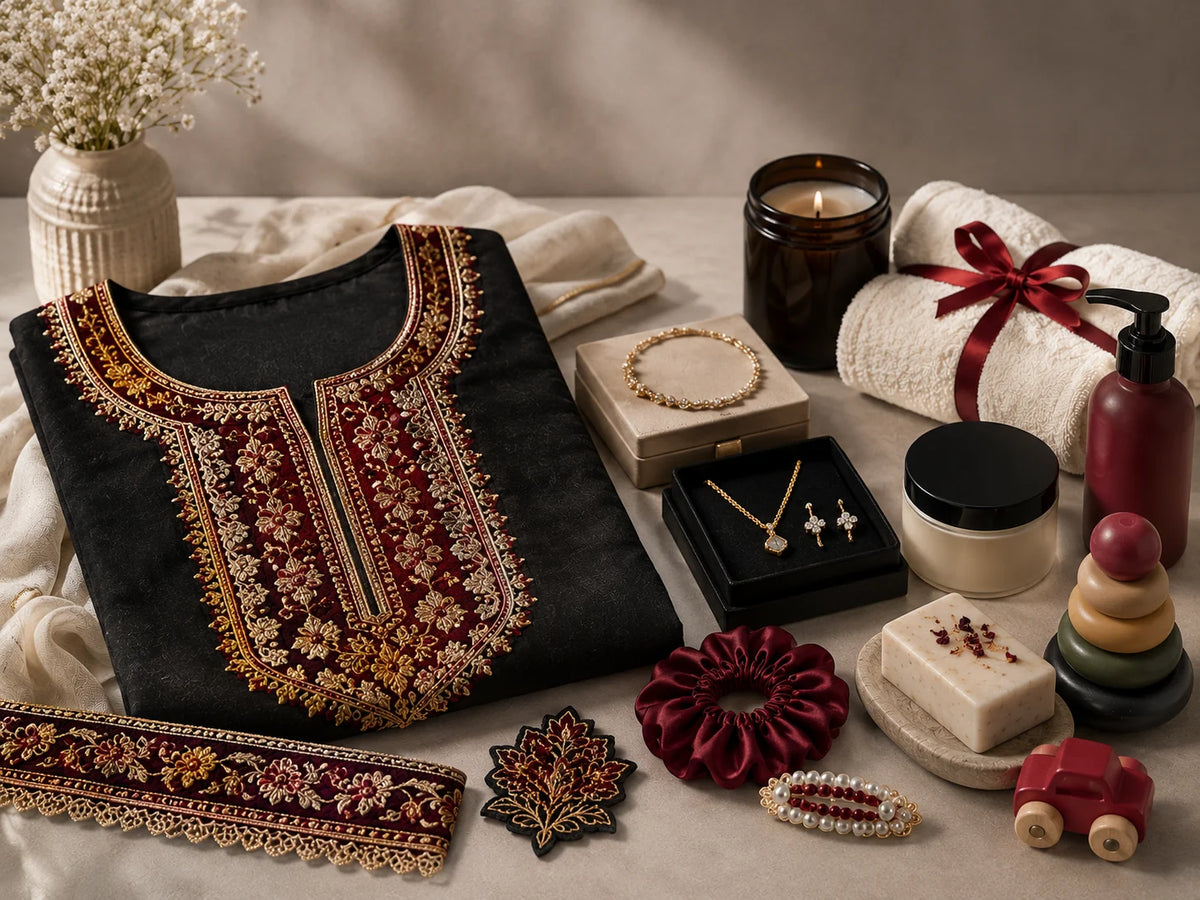 Calm premium lifestyle image showing a folded embroidered blouse with a detailed neckline patch, decorative border strip and motif patch alongside a small curated collection of jewellery, hair accessories, a body care product, a kids’ toy and a home candle on a soft neutral background, representing Brands360 as a trusted embroidered patch store in Pakistan that offers fashion, accessories, toys and home essentials in one online destination.